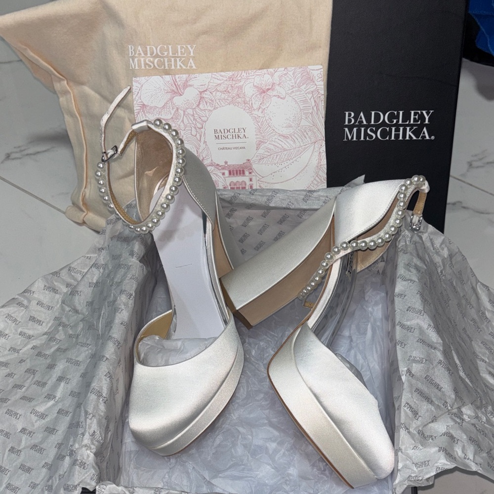 Badgley Mischka Pearl Embellished Satin Heels